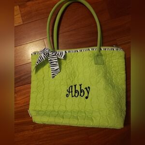 Lime Green Custom Abby Tote Bag With Zipper And Zebra Print Accents